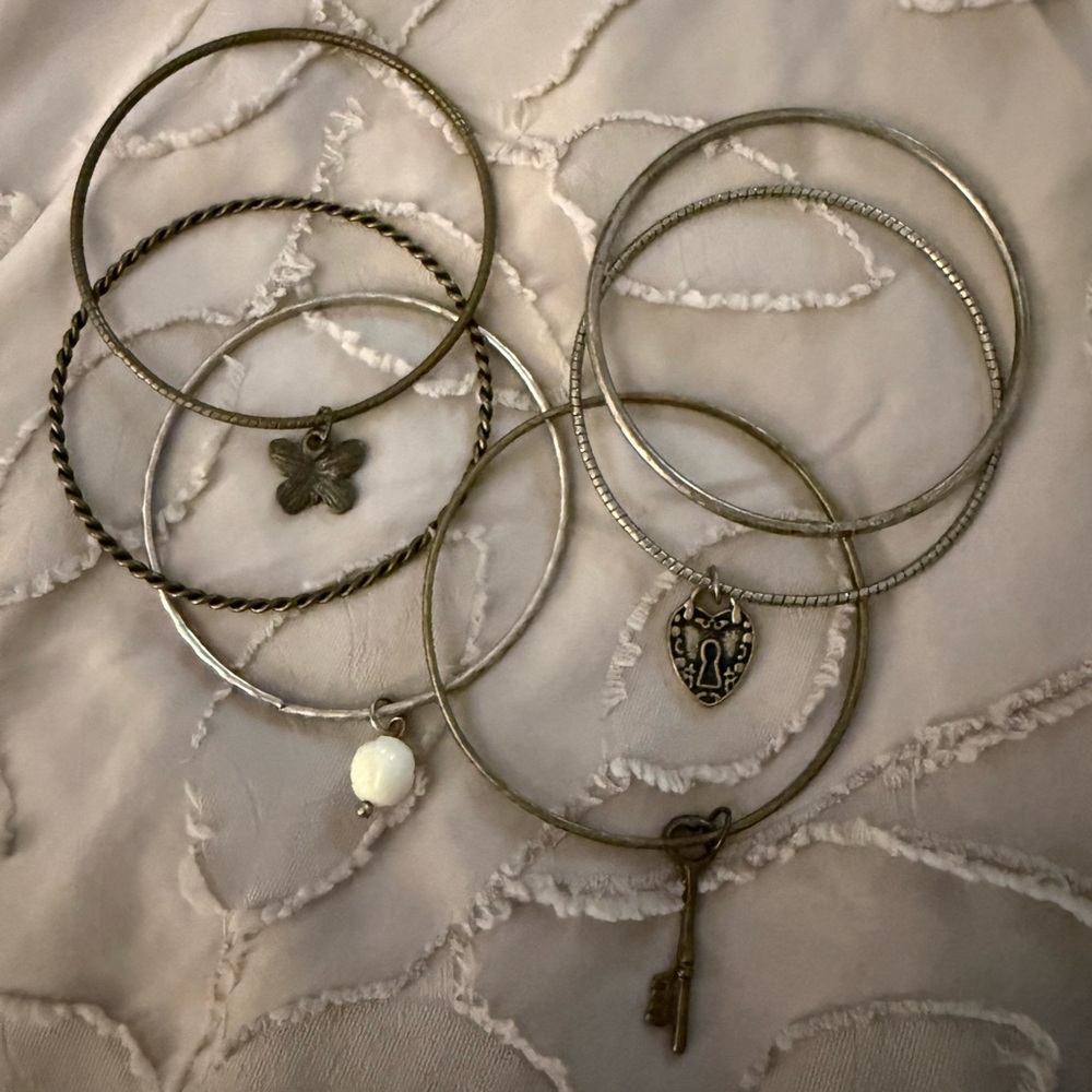 Silver Rustic Bangle Bracelet Set With Charms - image 1